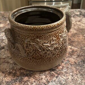 2004 Albany Slip Bean Pot- Brown Ceramic Pot with Leaf Design